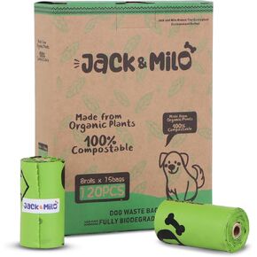 Jack & Milo Dog Waste Bags Environmentally Friendly - Reusable Bag Container - Leak Proof Dog Poop Bag - Extra Thick and Sturdy - 8 Bags x 15 Rolls