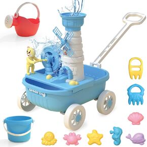 Dollox Kids Beach Wagon مع ألعاب رملية - 12 قطعة ، عجلة مائية ، دلو ، علبة سقي ، قوالب رمال حيوانية بحرية - لعبة شاطئية شاطئية ، ألعاب الرمال الشاطئية الطبيعية للأطفال الصغار والأطفال