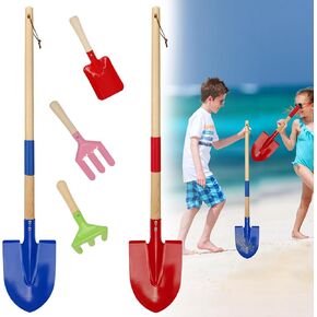 NNG 5 PCS Metal Beach Dravels for Kids ، مجارف رمل صغيرة مع مقبض خشبي ، ألعاب رمل شاطئ الأطفال مع شوكة ، أشعل النار ، مجارف مسطحة ودعم