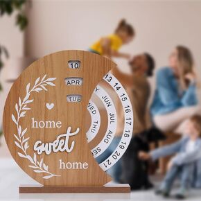 Wooden Perpetual Calendar for Home Desk, Christmas Home Sweet Home Wooden Calendar for Office Gifts Decorative Ornament, Circular Dial Interactive Perpetual Calendar for Home Decor Bedroom