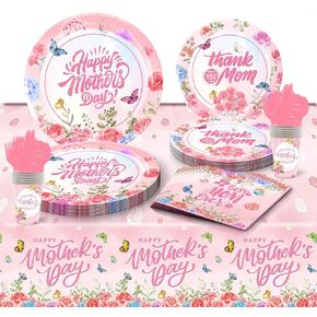Mother's Day Party Supplies Happy Mother’s Day Party Decorations, Mother's Day Plates and Napkins Folks Knives and Spoons for Mother's Day Party Supplies Decorations, Serve 12 Guests, Pink