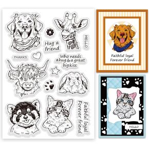 INFUNLY Colourful Animals Clear Stamps for Card Making, 6.3x4.3 inches, Reusable Silicone Dog, Cat, Rabbit Transparent Seal Stamps for DIY Scrapbooking, Photo Album Decor