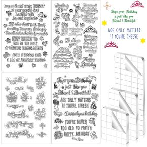 7 Pcs Clear Stamps with 4 Sheets Sentiments Rubber Clear Stamps for Card Making 3 Pcs Acrylic Stamp Block with Grid Lines Silicone Stamp Cards Tools Set for Crafting Scrapbooking Journaling Making