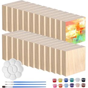 24 PCS Unfinished Wood Blocks, 4 x 4 x 1 Inch Natural Wood Blocks Painting Kit, Square Wooden Block for Art and Crafts, Blank Wooden Board DIY Craft Panels with 12 Colors Paint 3 Paintbrushes Palette