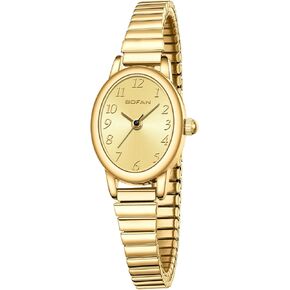BOFAN Small Gold Watches for Women Easy Read Ladies Quartz Wrist Watches with Gold Stainless Steel Expansion Band,Brown Dial,Waterproof.（6.10in-6.89in）