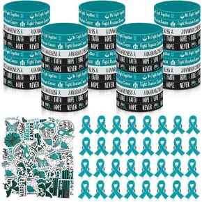 150 PCS منتجات التوعية بسرطان المبيض تشمل 50 من أساور السيليكون الوعي 50 دبابيس التوعية بالاعتداء الجنسي 50 ملصقات سرطان الثدي للتوعية والوقاية