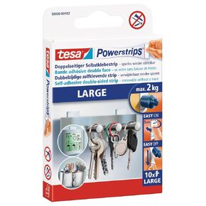 Tesa PowerStrips شرائط كبيرة غير ملصقات ذاتية - شرائط مزدوجة مناسبة للأسطح المسطحة والسلسة - تحمل كائنات تصل إلى 2 كجم - حزمة من 10 PowerStrips