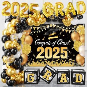 تشمل فئة زينة التخرج من 2025-122pcs زخارف التخرج من الذهب الأسود صناديق البالون مع رسائل ومجموعة قوس بالون وخلفية لعام 2025 لوازم حفلات الدراسات العليا