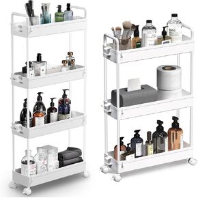 SOLEJAZZ Small Space Storage Expert Skinny Rolling Storage Cart with Wheels 4 Tier and Skinny Rolling Storage Cart with Wheels 3 Tier Bundle
