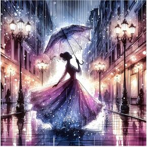 مجموعات اللوحات الماس Sjutouci للبالغين ، امرأة في Rain Diamond Art Kits للمبتدئين ، 5D Diy Round Full Drill Diamond Dot Gem Craft for Home Decor Gift 12x12inch/30x30cm