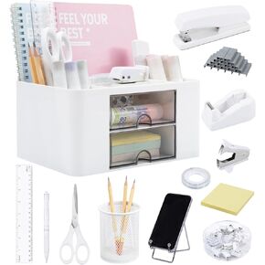 Pink Desk Organizers and Accessories 12+1Pcs, Office Supplies for Desk, Pen Organizer with 2 Drawers with Stapler,1000 Staples, Phone Holder, Tape Dispenser, Pen Holder, Sticky Note, Clips, Ruler,Etc
