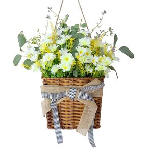 Purple Lavender Wreath Spring Door Hanger Basket Wreath, Artificial Spring Summer Flowers Wreaths with Green Leaves Lanvender for Front Door Indoors Outdoor Decor Rustic and Farmhouse Purple Wreath