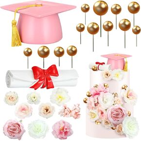 50 PCS Cake Cake Cupcake Cappers Toppers Cap و Diploma Gold Balls Kit Congrats Grad Cake Decorations for 2025 Master Tervement Party Secortations High Schools (Pink)