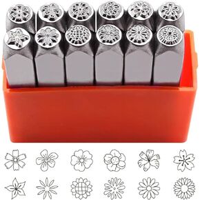12 Pieces Metal Stamping Tool Set 1/8" 1/4" (3mm), Steel Flower Set Leather Stamp for Jewelry Making Craft