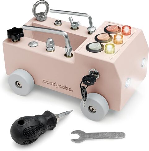 Comfy Cubs Busy Board Toy Truck Set - Fun & Noise-Free, Pine Wood Activity Board for Toddlers with LED Light Switch - Designed in The US, Focused & Engaging Montessori Play for Kids 3+ (Blush) in Kuwait