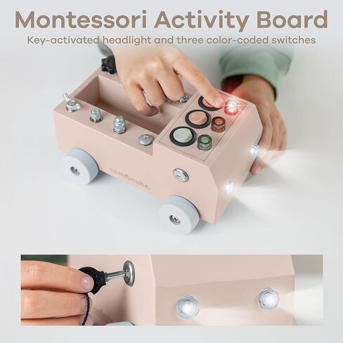 Comfy Cubs Busy Board Toy Truck Set - Fun & Noise-Free, Pine Wood Activity Board for Toddlers with LED Light Switch - Designed in The US, Focused & Engaging Montessori Play for Kids 3+ (Blush) in Kuwait
