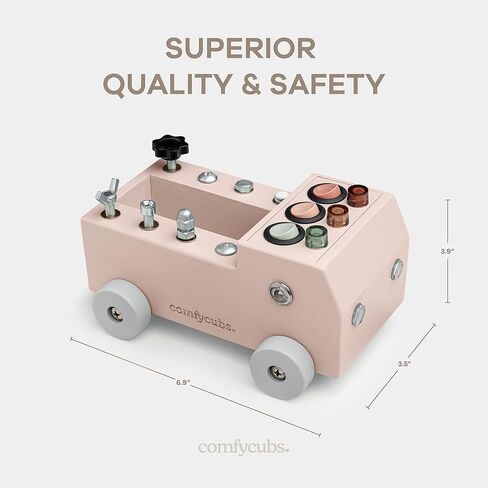 Comfy Cubs Busy Board Toy Truck Set - Fun & Noise-Free, Pine Wood Activity Board for Toddlers with LED Light Switch - Designed in The US, Focused & Engaging Montessori Play for Kids 3+ (Blush) in Kuwait