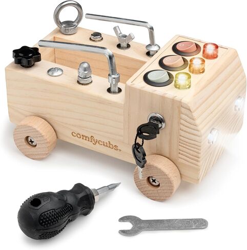 Comfy Cubs Busy Board Toy Truck Set - Fun & Noise-Free, Pine Wood Activity Board for Toddlers with LED Light Switch - Designed in The US, Focused & Engaging Montessori Play for Kids 3+ (Blush) in Kuwait