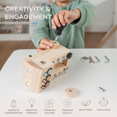 Comfy Cubs Busy Board Toy Truck Set - Fun & Noise-Free, Pine Wood Activity Board for Toddlers with LED Light Switch - Designed in The US, Focused & Engaging Montessori Play for Kids 3+ (Blush) in Kuwait