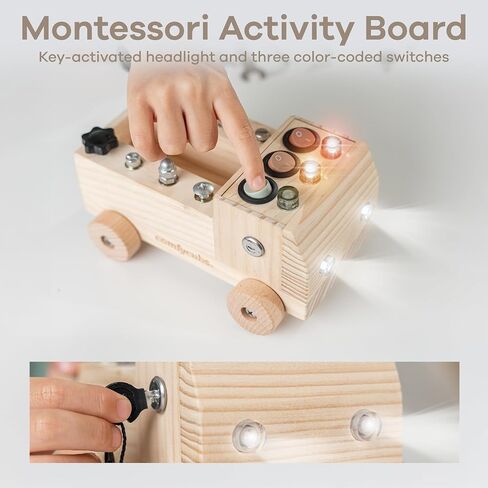 Comfy Cubs Busy Board Toy Truck Set - Fun & Noise-Free, Pine Wood Activity Board for Toddlers with LED Light Switch - Designed in The US, Focused & Engaging Montessori Play for Kids 3+ (Blush) in Kuwait