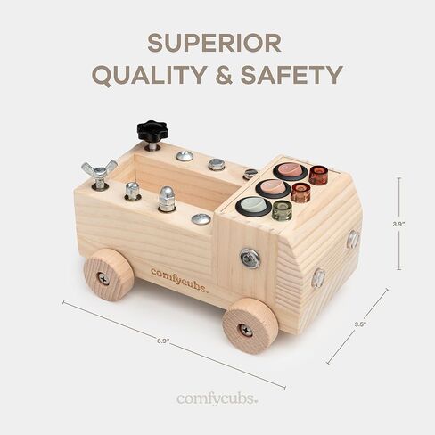 Comfy Cubs Busy Board Toy Truck Set - Fun & Noise-Free, Pine Wood Activity Board for Toddlers with LED Light Switch - Designed in The US, Focused & Engaging Montessori Play for Kids 3+ (Blush) in Kuwait