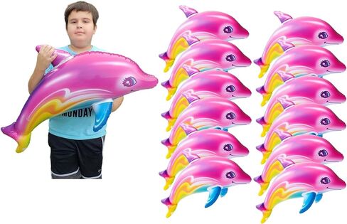 Large 36" Pink Rainbow Colorful Dolphin Inflatable Pool Toy (Pack of 1) Infate Beach Poolside Aquatic Themed Decor Birthday Party Decoration in Kuwait