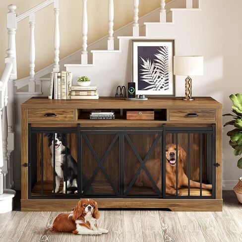 DWVO 63 Inch Double Dog Crate Furniture for 2 Dogs, Heavy Duty Wooden Dog Crate TV Stand with Charging Station, Dog Kennel Indoor Furniture Double Sliding Barn Door Design Ideal for 2 Dogs, Oak in Saudi Arabia
