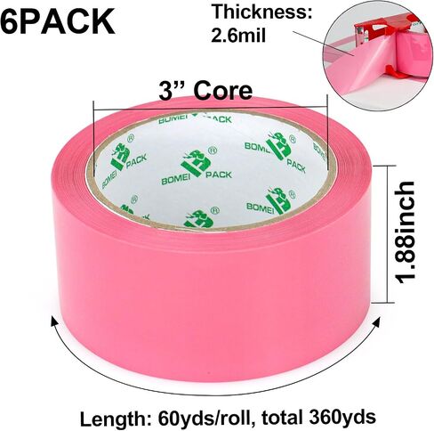 BOMEI PACK Pink Packing Tape with Dispenser, 2.6 Mil 1.88 Inch x 60 Yards, 6 Refills Rolls Pink Box Tape for Moving, Shipping and Packaging in Kuwait