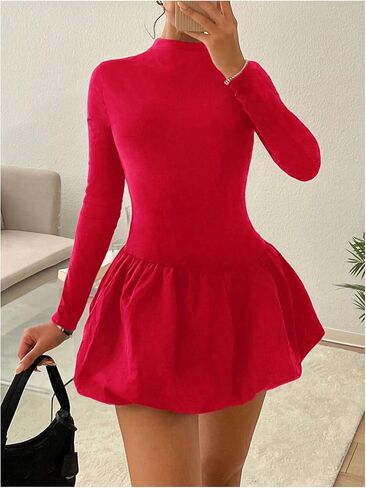 GORGLITTER Women's Y2k Bubble Dress Cute Long Sleeve Mini Dress Slim Fit Short Dress in Kuwait