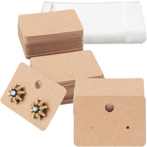 Creatcabin 100pcs حلق بطاقات الحلق مجموعة بطاقات عرض القرط البطاقات kraft الورق علامات kraft علامات فارغة معلقة بطاقة القرط مع حفرة 100pcs أكياس عبوة الورق المقوى لعرض المجوهرات تان 2x1.4inch in Kuwait