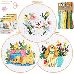 RidaaFri Embroidery Kit for Beginners Set of 3, DIY Hand Stamped Embroidery Kits for Adults, Kids and Starter with Dogs, Floral, Plants Patterns, Step by Step Instructions and Video Tutorial