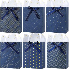Enfoldia 6 Pack 9 "Navy Blue Paper Gift Medium with Bow Bowles Gold Star Trissue Paper لأعياد الميلاد ، حقيبة هدايا عيد الميلاد ، التخرج ، حفل عيد الميلاد.