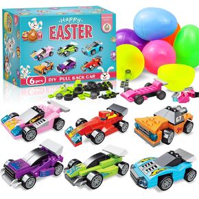 6 Pcs Pre Filled Easter Eggs Car Easter Basket Stuffers Filled with Pull-Back Race Car for Kids School Party Easter Egg Hunt Supplies Classroom Prizes for Boys Girls