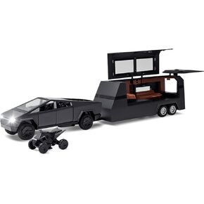 طراز Cybertruck: 1/32 Truck Truck Truck Truck Diecast Metal مع دراجة نارية مع أضواء وأصوات للأولاد ، تتراوح أعمارهم بين 3 وما فوق (الفضة ، مقطورة بيك آب مع RV)