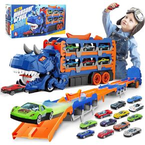 تم تعيين ألعاب الشاحنة للأطفال من 3 إلى 12 عامًا ، لعبة Trans Truck Dinosaur مع 12 سيارة سباق ، وتحويل شاحنة Dino مع مسار 61.8 بوصة ، ألعاب شاحنة صغيرة للبنين والبنات