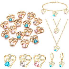 NVENF 15PCS Mother’s Day Charms for Jewelry Making Rhinestone Heart Mom Charms Metal Mama Heart Pendants for Necklace Bracelet Earrings Making