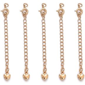 SUKPSY 5 Pcs 3 Inch 18K Gold Plated Solid Brass Necklace Bracelet Extender Chain with Lobster Clasps,Jewelry Necklace Heart-Shaped Extenders for DIY Jewelry Making (Gold)