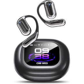 EUQQ Open Ear Bluetooth 5.4 Headphones, Wireless Earbuds Sport Over Earphones Built-in Mic with Ear Hooks 50H Playtime Ear Buds LED Display Charging Case, Waterproof Design for Running