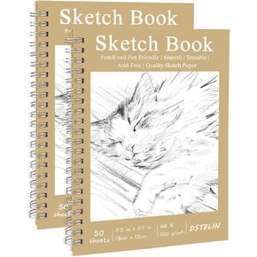 DSTELIN 2 Pack Sketch Pad 7.5x5.1 Inch, 50 Sheets of 100gsm Art Paper per Pack, Spiral Bound Sketch Book for Drawing