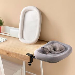 Cat Desk Bed, Cat Desk Perch with Replaceable, 90° Foldable Soft Faux Fur Fabric, Steel Frame, Supports up to 25lbs, Removable Washable, Grey White