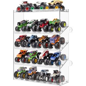 Assembly Monster Trucks Display Case Holding for 20 Monster Trucks Acrylic Storage Case 5 Tiers Monster Trucks Organizer with Tilted Design, Display Case for Toy Trucks (Transparent)