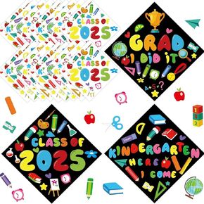 24 PCS Cap Cap Topper Craft for Pre-K Kids ، 2025 DIY Art Stickers Carft for Grad Hat Top Congrats Grad Set (ما قبل K Grad)