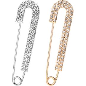 2 PCS Rhinestone Safety Pin Brooch, Decorative Pins for Clothing Decorative Safety Pins for Clothing, Silver and Gold Safety Pins Large Crystal Metal Elegant Shawl Clips for Women Skirts Scarf Shirt