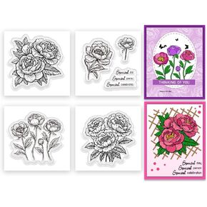 INFUNLY 4pcs Peony Flower Stamps Silicone Clear Stamp for Lovers Friends 2.16×2.16 inch Floral Clear Stamps Mini Flowers Transparent Stamps for Card Making Decoration and DIY Scrapbooking