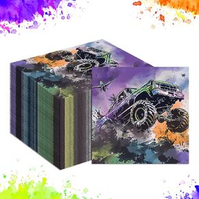 40pcs Monster Truck Paper Fackins - Purple ، 3 ply ، 13 "× 13" ، مناديل حزب يمكن التخلص منه لزخارف حفلات الشاحنة الوحشية