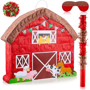 مزرعة Pinata Bundle Fiesta Farmhouse Pinata مجموعة تشمل الفناء ، عصا الخفافيش ، حلويات وقناع عظمى عظمى لعيد ميلاد المزرعة لوازم اللعبة المكسيكية
