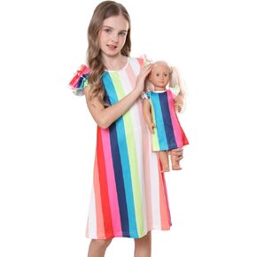 Bow Dream Toddler Girls Guit Dress ومطابقة ملحقات ملابس American Girl Doll For Girls Rainbow Stripes