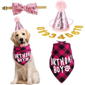 Dog Birthday Party Supplies, Birthday Boy Girl Cake Bandana Triangle Scarf Party Hat Dog Bow Tie Collar with Numbers, for Large Medium Small Dog Puppy 1st Birthday (Elegant Style)