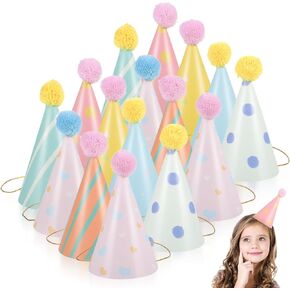 16pcs Birthday Hats for Boy Girl Fun Cone Caps with Pompoms for Birthday Parties Holidays and Themed Celebrations Vibrant Paper Party Headwear for Memorable Photos