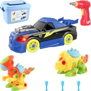 MEIGO Take Apart Toys - STEM Learning Dinosaurs Racing Car Playset w/Electric Drill Construction Engineering Building Tool Set Gift for Kids 3 4 5 6 Year Old Boys Girls
